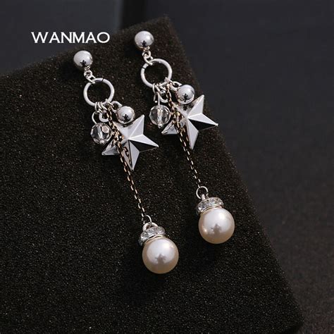 Fashion Personality Temperament Long Imitation Pearls Star Fringe Earrings Female Ear Clip Ear