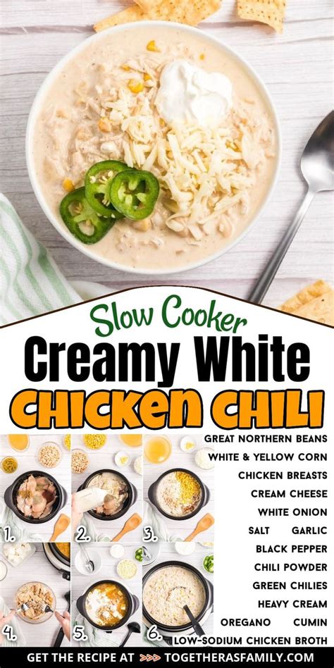 A Pin Graphic With Step By Step Photo Collage For How To Make Creamy White Chicken Chili With