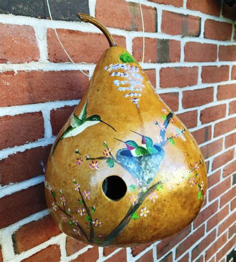 Handpainted Gourd Birdhouse With Hummingbird And Nest Decorative Gourds