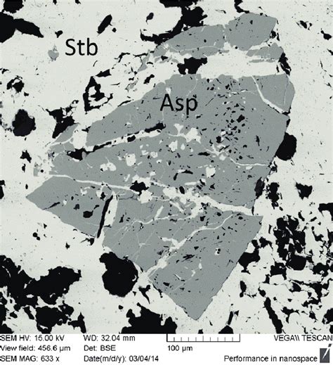 Fractured Crystal Of Arsenopyrite Dark Grey Filled In By Stibnite