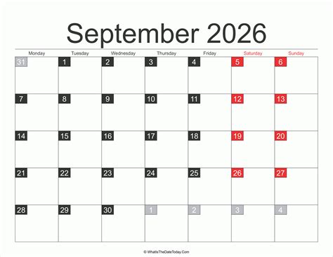 2026 September Calendar Printable | Whatisthedatetoday.Com