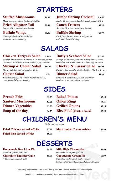 Duffys Steak And Lobster House Menu In Key West Florida Usa