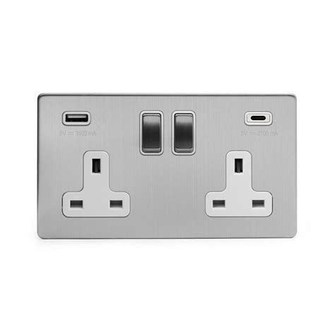 Soho Lighting Brushed Chrome 2 Gang Usb C Socket 13a Socket 2 Usb