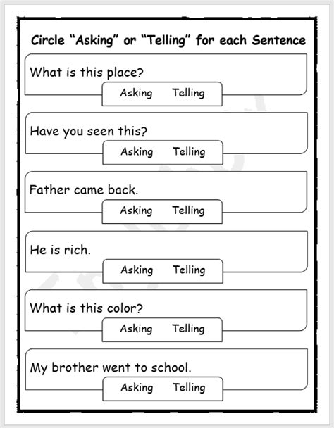 Telling And Asking Sentence Worksheets And Printables Englishbix