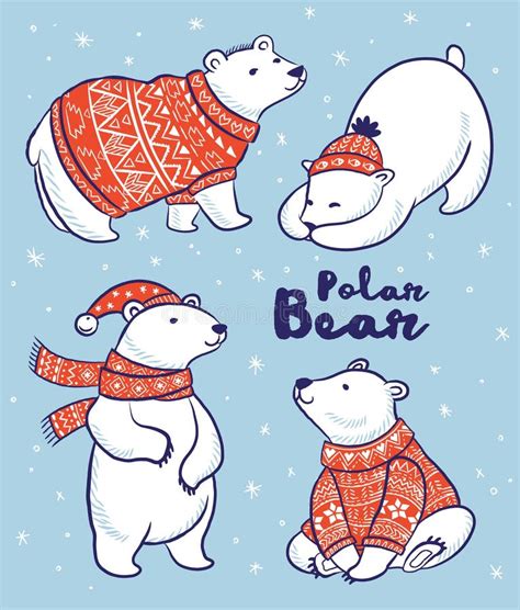 Polar Bears Collection In Red Sweater Scarf And Hat Stock Vector