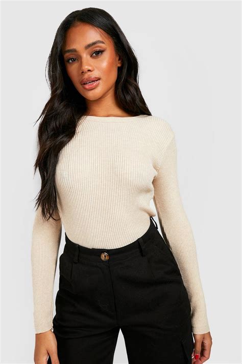 Rib Knit Crew Neck Long Sleeve Top Boohoo Uk