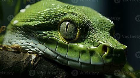 Close-up photo of a Green Tree Python looking in their habitat ...