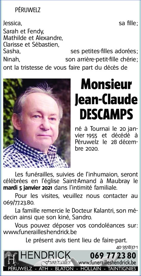 Avis De Décès De Jean Claude Descamps Décédé Le 28122020 à Péruwelz