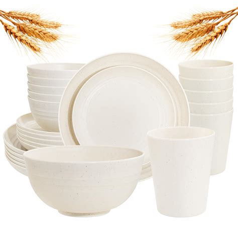 Amazon Rubtlamp 24 Pcs Wheat Straw Dinnerware Sets Unbreakable