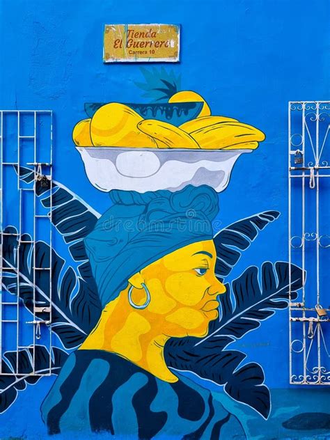 Colombia Cartagena Mural Representing Woman With Fruit Basket On Her