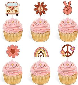 Bymivofun 24 Pcs Hippie Party Cupcake Toppers Two Groovy Party