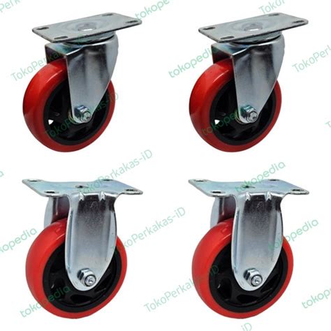 Jual Roda Troli Troly Trolly PU Merah Medium Duty 4 Inch 2 Hidup 2