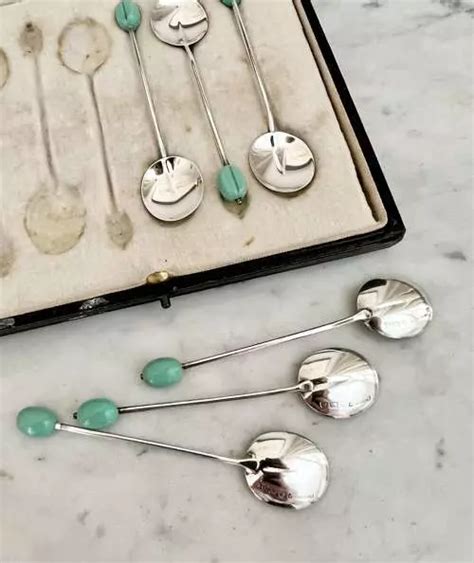 Set Of Green Coffee Bean Sterling Silver Spoons Dated In Antique