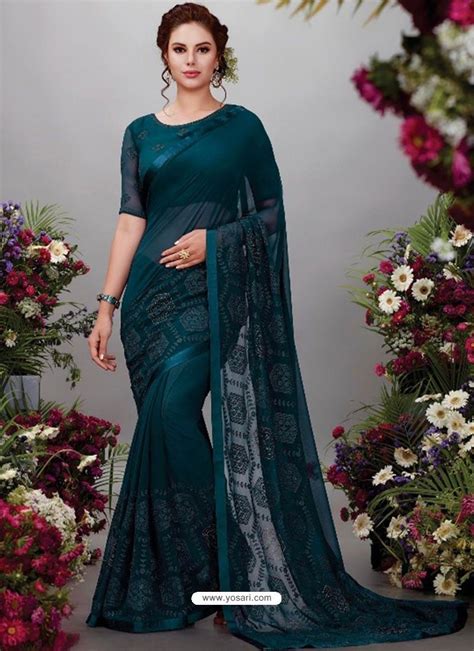 Teal Blue Georgette Designer Embroidered Party Wear Saree Fancy