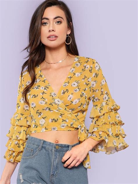 SHEIN Layered Flounce Sleeve Knot Hem Floral Top Chemisier Chic Femme