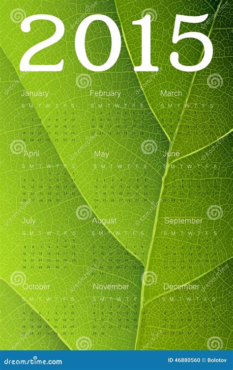 Calendar 2015 On Green Leaf Texture Vector Stock Vector Illustration