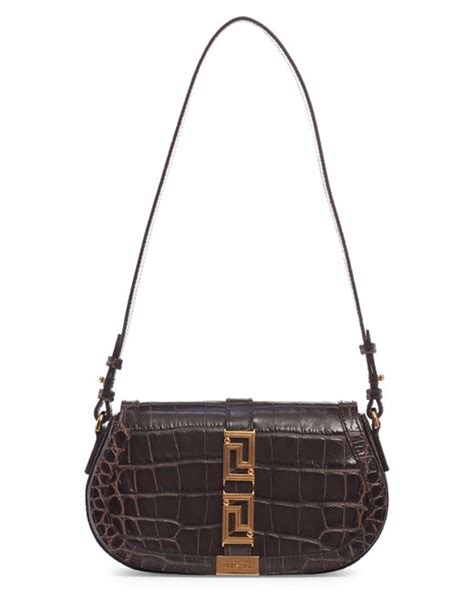 Versace Medium Greca Goddess Croc Embossed Leather Shoulder Bag In