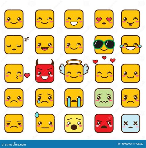 Sistema Del Vector Del Icono Del Esquema De Emoji Emoticons Lindos Y