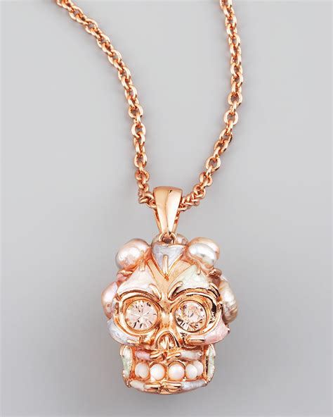 Alexander Mcqueen Pearl Skull Pendant Necklace In Gold Rose Gold Lyst