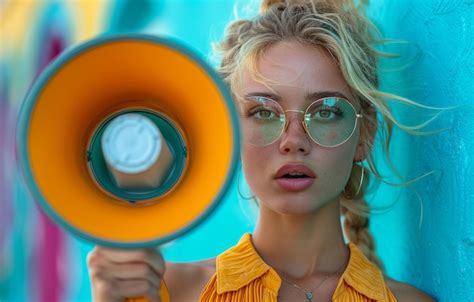 Young Woman With Megaphone Woman Holding Megaphone On Color Background