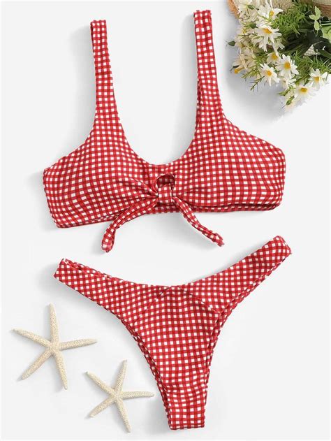 Knot Front Gingham Bikini Set Bikinis Bikini Set Gingham