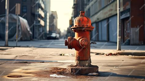 Premium Ai Image A Photo Of A Weathered Fire Hydrant Empty City Street Backdrop