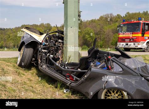 Derching Germany 18th Apr 2020 A Power Pole Sticks Out Of A Porsche After The Latter Has