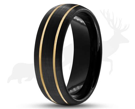 Black Tungsten Ring With Dual Gold Stripes Mens Ring Elk And Cub