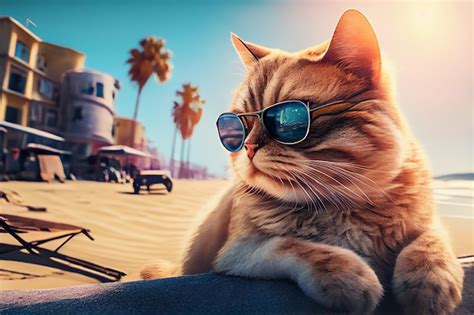 Premium Photo Cat With Fashion Sunglasses Traveling At The Beach