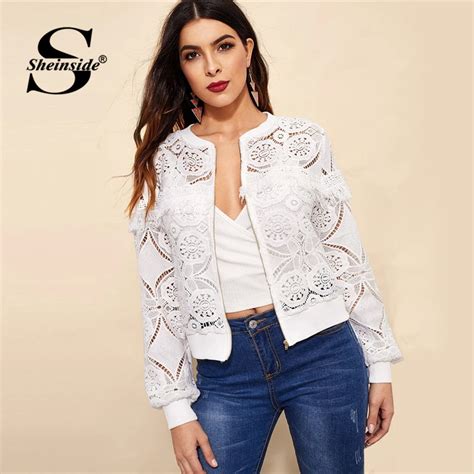 Sheinside White Elegant Hollowed Out Lace Jacket Women 2019 Back Frayed