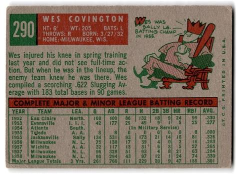 1959 Topps Wes Covington Milwaukee Braves 290 EBay