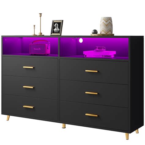 Enhomee Black Bedroom Dresser With Led Lights 6 Deep Drawers Tv Stand