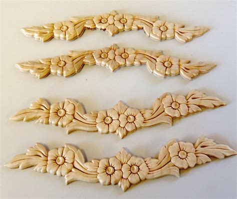 4 Onlays Appliques Wood Trim Flowers Leaves Swag Set Of 4