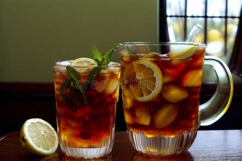 Two Glasses Of Iced Tea With Lemons And Mint Generative Ai Stock