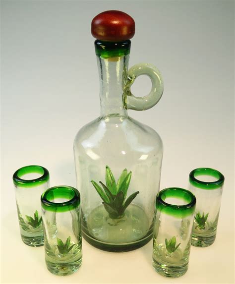 Agave Tequila Bottle Set Hand Blown In Mexico 4 Shots