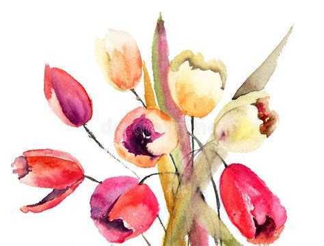 Watercolor Painting Of Tulips And Lily Flowers Stock Illustration