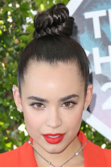 Sofia Carson Straight Medium Brown Bun Hairstyle Steal Her Style