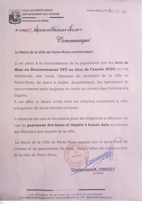 Mairie de Porto Novo Un important communiqué sur les avis de mise en