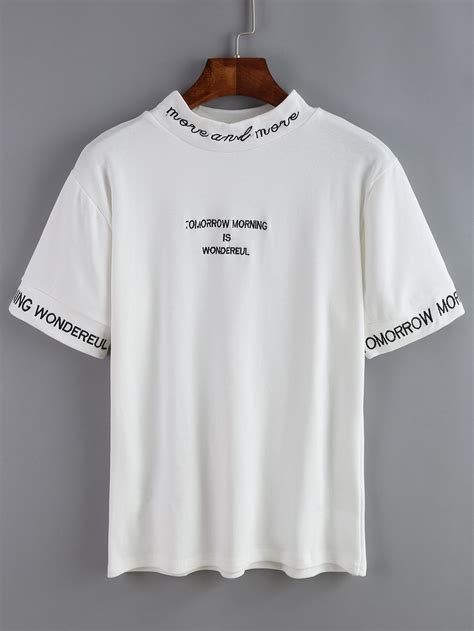 Mocknecklettersembroideredwhitet Shirt1299 Mens Trendy Outfits