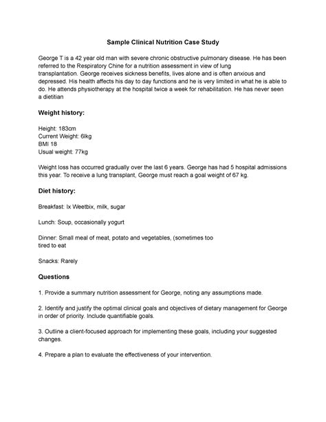 Case Study Sample With Questions Sample Clinical Nutrition Case