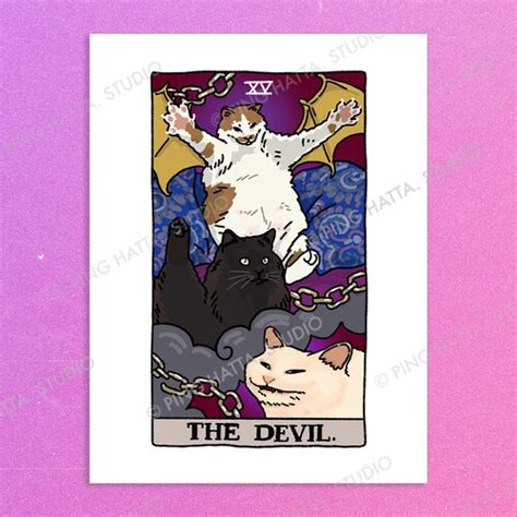 The Devil Cursed Cat Meme Tarot Art Print Poster Sad Cat Etsy