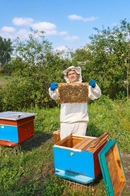 Premium Photo Beekeeper Holding A Honeycomb Full Of Bees