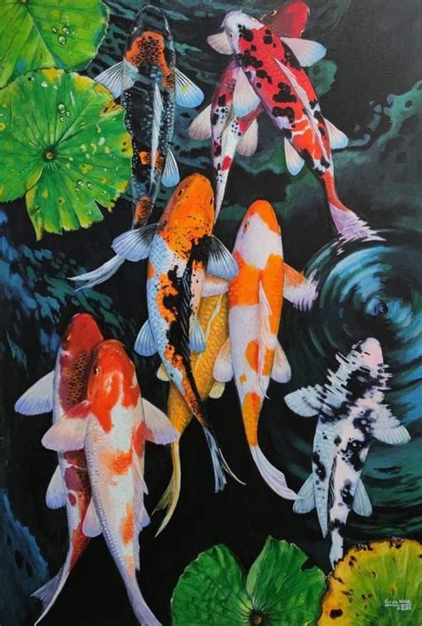 A Painting Of Koi Fish Swimming In The Pond