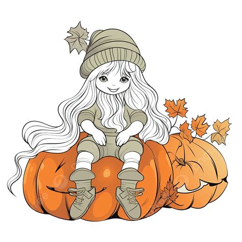 Gnome Girl Sitting On Pumpkin Hand Drawn Doodle Vector Illustration