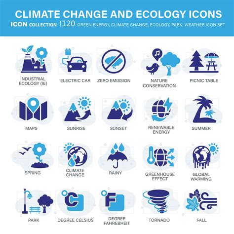 Climate change, ecology, green energy, park and weather icon set ...