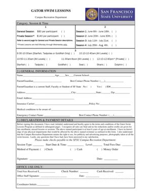 Fillable Online Sfsu Gator Swim Lessons Application F Pdf San