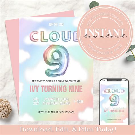 Editable Cloud 9 Sleepover Invitation Invite 9th Birthday Etsy Artofit