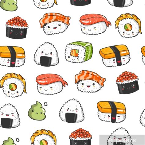 Poster Hand Drawn Various Kawaii Sushi Colored Vector Seamless Pattern