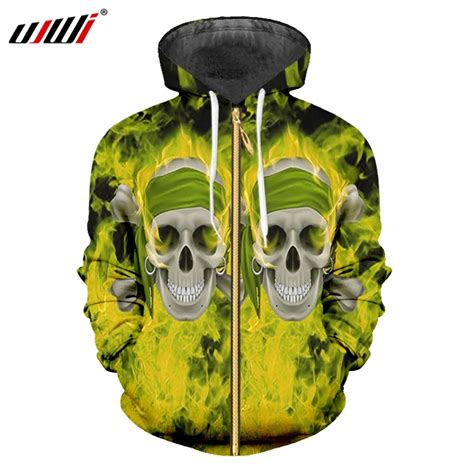 Ujwi Street Style Zip Hoodies Mens Green Flame Skulls Man Zipper Coat