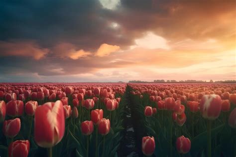 Premium AI Image | A field of tulips with the sunset in the background.